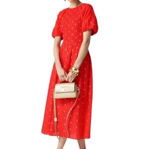 J. Crew Red Midi Dress with Puff Sleeves